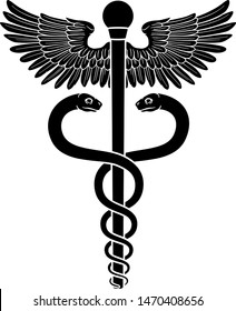 A caduceus, often used as a doctor medical symbol interchangeably with the Rod of Asclepius or Aesculapius. Features two snakes curled around a staff with wings.  