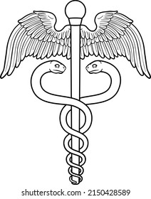 A caduceus, often used as a doctor medical symbol interchangeably with the Rod of Asclepius or Aesculapius. Features two snakes curled around a staff with wings.  