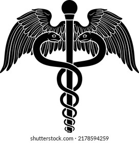 A caduceus, often used as a doctor medical symbol interchangeably with the Rod of Asclepius or Aesculapius. Features two snakes curled around a staff with wings.  