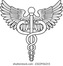 A caduceus, often used as a doctor medical symbol interchangeably with the Rod of Asclepius or Aesculapius. Features two snakes curled around a staff with wings.  