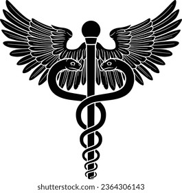 A caduceus, often used as a doctor medical symbol interchangeably with the Rod of Asclepius or Aesculapius. Features two snakes curled around a staff with wings.  