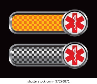 caduceus on orange and black halftone tabs