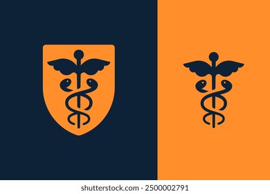 Caduceus on Shield Logo Design in Playful Style Vector Template