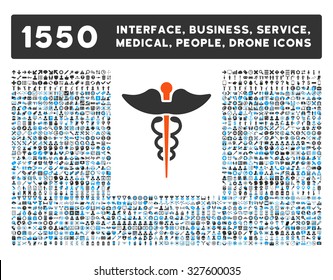 Caduceus and other web interface, business tools, people poses, medical service vector icons. Style is flat symbols, bicolored, rounded angles, white background.