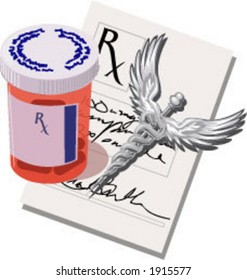 Caduceus, Pill Bottle, and Prescription Signed by Doctor in Vector Format