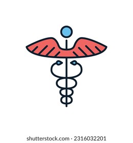 Caduceus related vector line icon. Isolated on white background. Vector illustration. Editable stroke