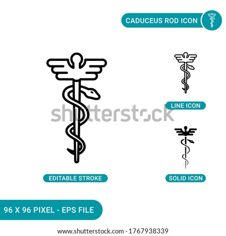 Caduceus rod icons set vector illustration with solid icon line style. Asclepius snake concept. Editable stroke icon on isolated background for web design, infographic and UI mobile app.