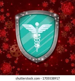 Caduceus Shield In Front Of Covid 19 Virus Background Design Of 2019 Ncov Cov Coronavirus Infection Corona Epidemic Disease Symptoms And Medical Theme Vector Illustration