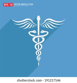 Caduceus sign with shadow on blue background - medical vector icon