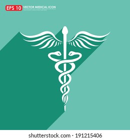 Caduceus sign with shadow on green background - medical vector icon