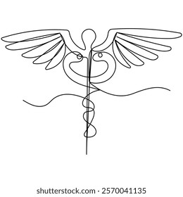 Caduceus single line art, continuous one line drawing of Isolated outline vector icon