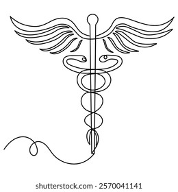 Caduceus single line art, continuous one line drawing of Isolated outline vector icon