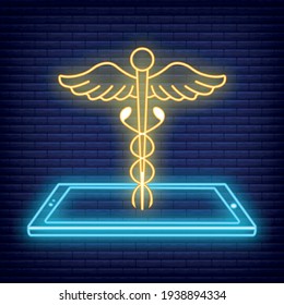 Caduceo con icono de neón Smartphone. Concepto de Medicina Sanitaria y Estilo de Vida. Contorno al Doctor virtual. Símbolo médico, icono y marca. Ilustración vectorial simple en ladrillos oscuros.