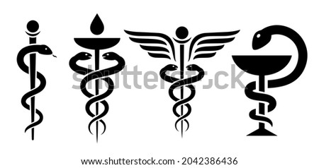 Caduceus snake icons set, vector medical snake logo on white background