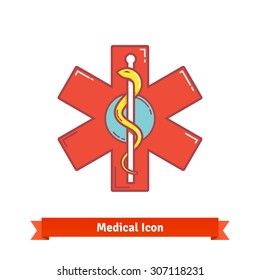 Caduceus snake on a stick symbol on emergency star emblem. Modern flat style thin line icon isolated on white.