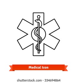 Caduceus snake on a stick symbol on emergency star emblem. Thin line art icon isolated on white.