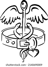 Caduceus Staff With Collar And Heart Hand Draw Vector Illustration Art