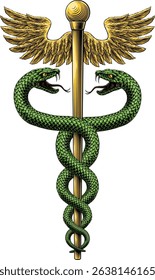 Caduceus staff of Hermes medical or commerce symbol. Snakes around a winged rod. Often used in place of the rod of Asclepius doctor icon for medicine and health care. Vintage woodcut etching style.