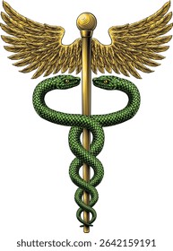 Caduceus staff of Hermes medical or commerce symbol. Snakes around a winged rod. Often used in place of the rod of Asclepius doctor icon for medicine and health care. Vintage woodcut etching style.