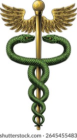 Caduceus pessoal de Hermes símbolo médico ou comercial. Cobras em torno de uma haste alada. Frequentemente usado no lugar da haste de Asclépio ícone médico para medicina e cuidados de saúde. Estilo de gravura de xilogravura vintage.