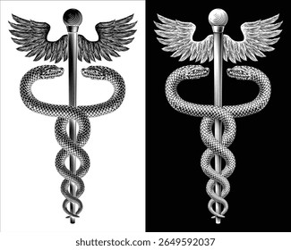 Caduceus pessoal de Hermes símbolo médico ou comercial. Cobras em torno de uma haste alada. Frequentemente usado no lugar da haste de Asclépio ícone médico para medicina e cuidados de saúde. Estilo de gravura de xilogravura vintage.