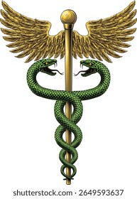 Caduceus pessoal de Hermes símbolo médico ou comercial. Cobras em torno de uma haste alada. Frequentemente usado no lugar da haste de Asclépio ícone médico para medicina e cuidados de saúde. Estilo de gravura de xilogravura vintage.
