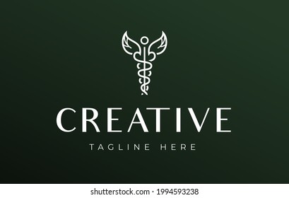 Caduceus Staff Leaf Logo Design. Vintage Modern Logo Line Art Design Template