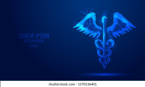 Caduceus staff snake wings geometric lines, low polygon triangles style wireframe vector banner template. Isolated medicine science technology concept on a blue background polygonal 3d abstract.