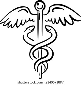 Caduceus, Staff With Snakes Hand Draw Vector Illustration Art