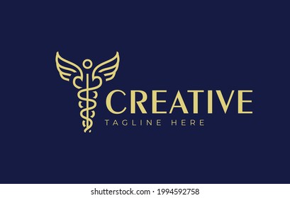 Caduceus Staff with Wings Logo Design. Vintage Modern Logo Line Art Design Template