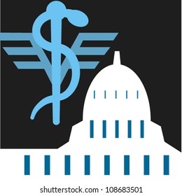 Caduceus symbol and the capitol in Washington, D.C.