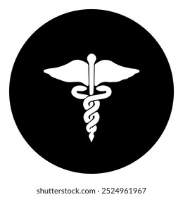 Un símbolo caduceo en el centro. Símbolo blanco aislado en círculo negro. Ilustración vectorial sobre fondo blanco