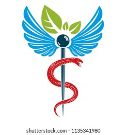 Caduceus symbol composed with poisonous snakes and bird wings, healthcare conceptual vector illustration. Alternative medicine theme.