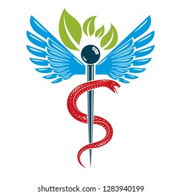 Caduceus symbol composed with poisonous snakes and bird wings, healthcare conceptual vector illustration. Alternative medicine theme.