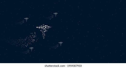 A caduceus symbol filled with dots flies through the stars leaving a trail behind. Four small symbols around. Empty space for text on the right. Vector illustration on dark blue background with stars