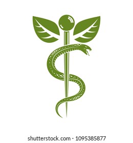 Caduceus symbol, healthcare conceptual vector illustration. Homeopathy creative emblem.