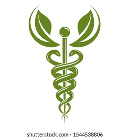 Caduceus symbol, healthcare conceptual vector illustration. Homeopathy creative emblem.