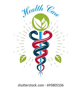 Caduceus symbol, healthcare conceptual vector logo. Homeopathy creative emblem.