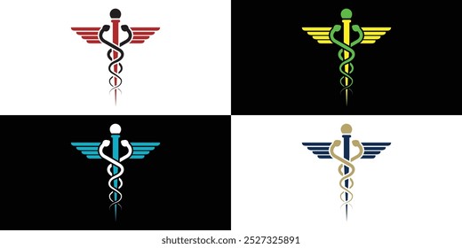 Caduceus, Símbolo de Caduceus, Caduceus de Hermes, Símbolo Médico, Equipe de Hermes, Símbolo de Cobra Médica, Logotipo Médico, Saúde, Bem-estar, Moderno e Minimalista Logotipo de Cuidados de Saúde, Vetor, Ícone de Cobra