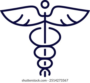 Icono del símbolo de Caduceo. Serpiente y palo con alas. Logo de Medicine. Sanidad. Vara de Asclepio. Icono de línea, estilo lineal. Esquema. Signo azul. Aislado sobre fondo blanco. Ilustración vectorial.