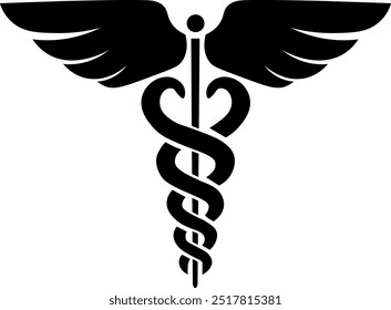 Icono del símbolo de Caduceo. Serpiente y palo con alas. Logo de Medicine. Sanidad. Vara de Asclepio. Aislado sobre fondo blanco. Ilustración vectorial.