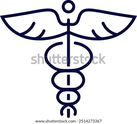 Caduceus symbol icon. Snake and stick with wings. Medicine logo. Healthcare. Rod of Asclepius. Line icon, linear style. Outline. Blue sign. Isolated on white background. Vector illustration.