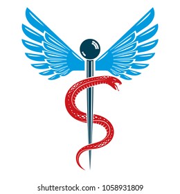 Caduceus symbol made using bird wings and poisonous snakes, healthcare conceptual vector illustration.