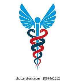 Caduceus symbol made using bird wings and poisonous snakes, healthcare conceptual vector illustration.