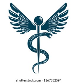 Caduceus symbol made using bird wings and poisonous snakes, healthcare conceptual vector illustration.