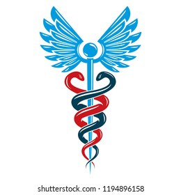 Caduceus symbol made using bird wings and poisonous snakes, healthcare conceptual vector illustration.