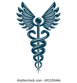 Caduceus symbol made using bird wings and poisonous snakes, healthcare conceptual vector illustration.