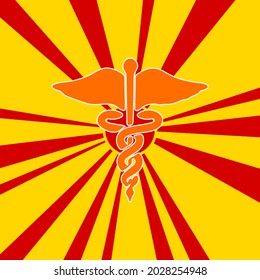 Caduceus Symbol auf einem Hintergrund von roten Blitzexplosionen Radiallinien. Das große orangefarbene Symbol befindet sich in der Mitte der Sonne und symbolisiert den Sonnenaufgang. Vektorgrafik auf gelbem Hintergrund