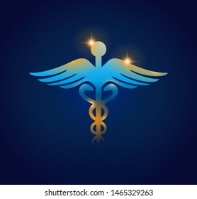 Caduceus symbol on dark blue background  - medical center, pharmacy, hospital with popular sign of medicine - vector concept