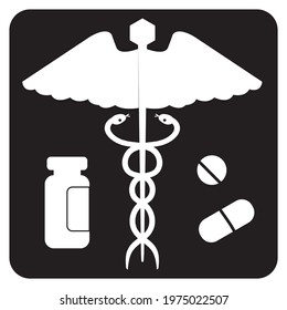 Caduceus symbol, staff with wings and two coiled snakes. Pills and bottle icon.